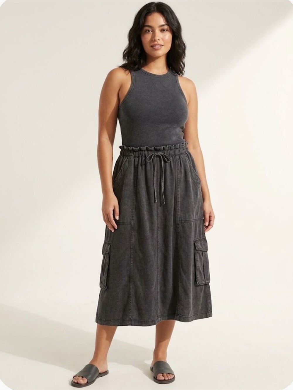 Daily Practice Sleeveless Washed Charcoal Black Midi Drawstring Waist Dress